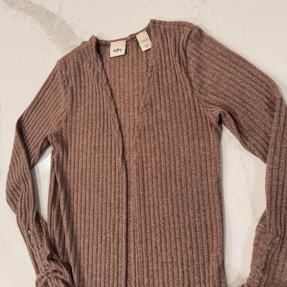 Daytrip Ribbed Flyaway Long Duster Cardigan Sweater Brown Women XS Ruched Sleeve - Picture 4 of 7